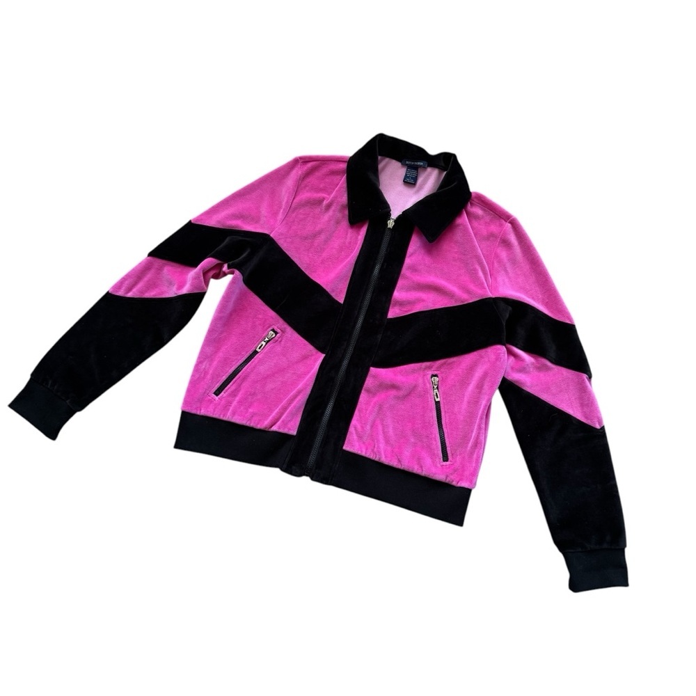 Boston Proper Pink and Black Velour Zip-Front Track Jacket